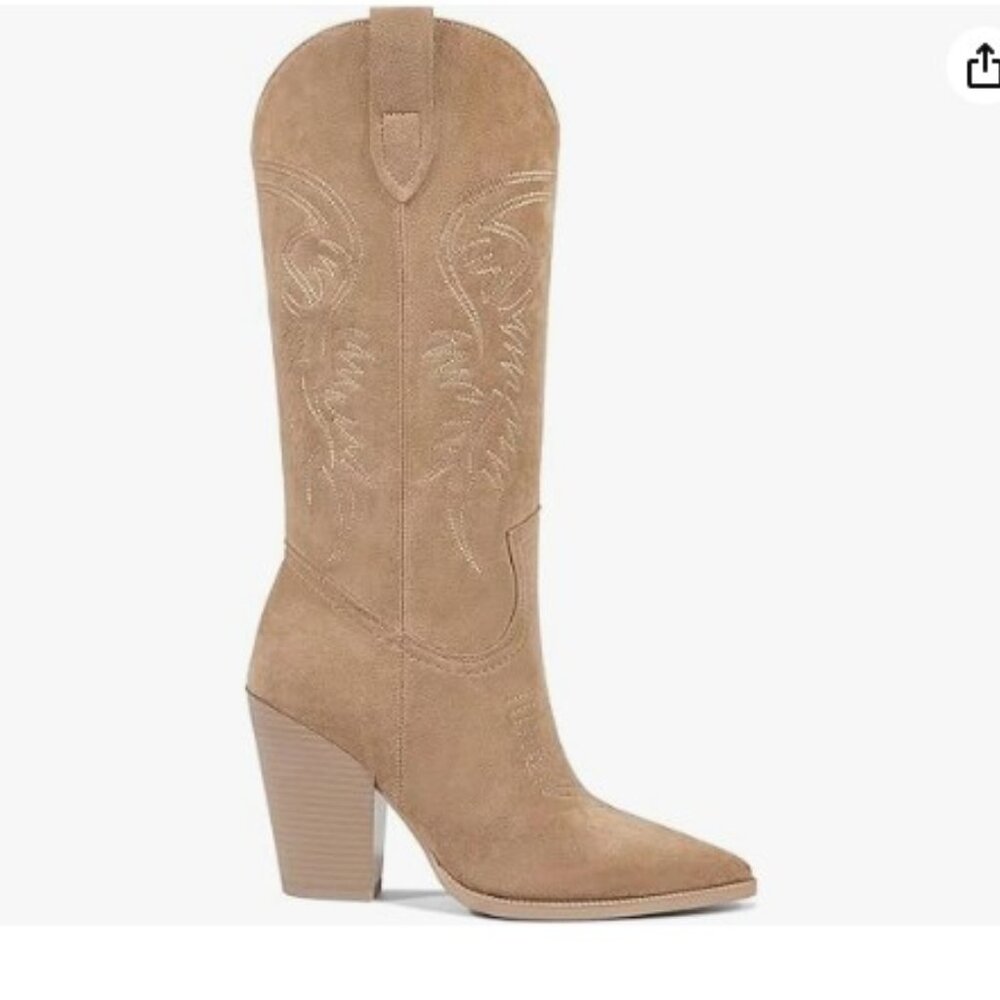Women's Micro Suede Western Block Heel Boot in Beige, 7.5